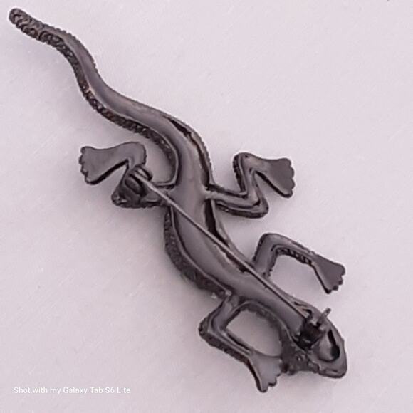 Gekko Brooch Green And Yellow Rhinestones Over Gun Metal - Picture 5 of 6